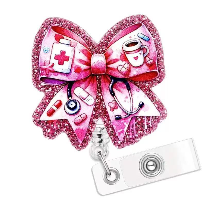 Wholesale Acrylic ID card clip with bow tie  retractable name tag holder easy-pull buckle Badge Reels