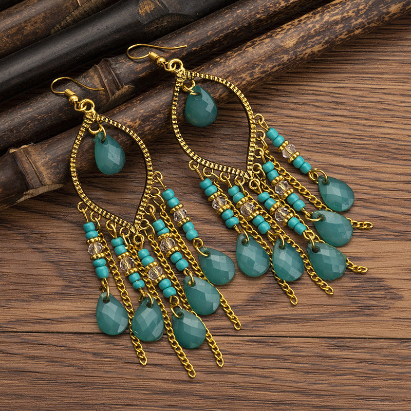 Wholesale Handmade Water Drop Rice Bead Bohemian Long Tassel Earrings