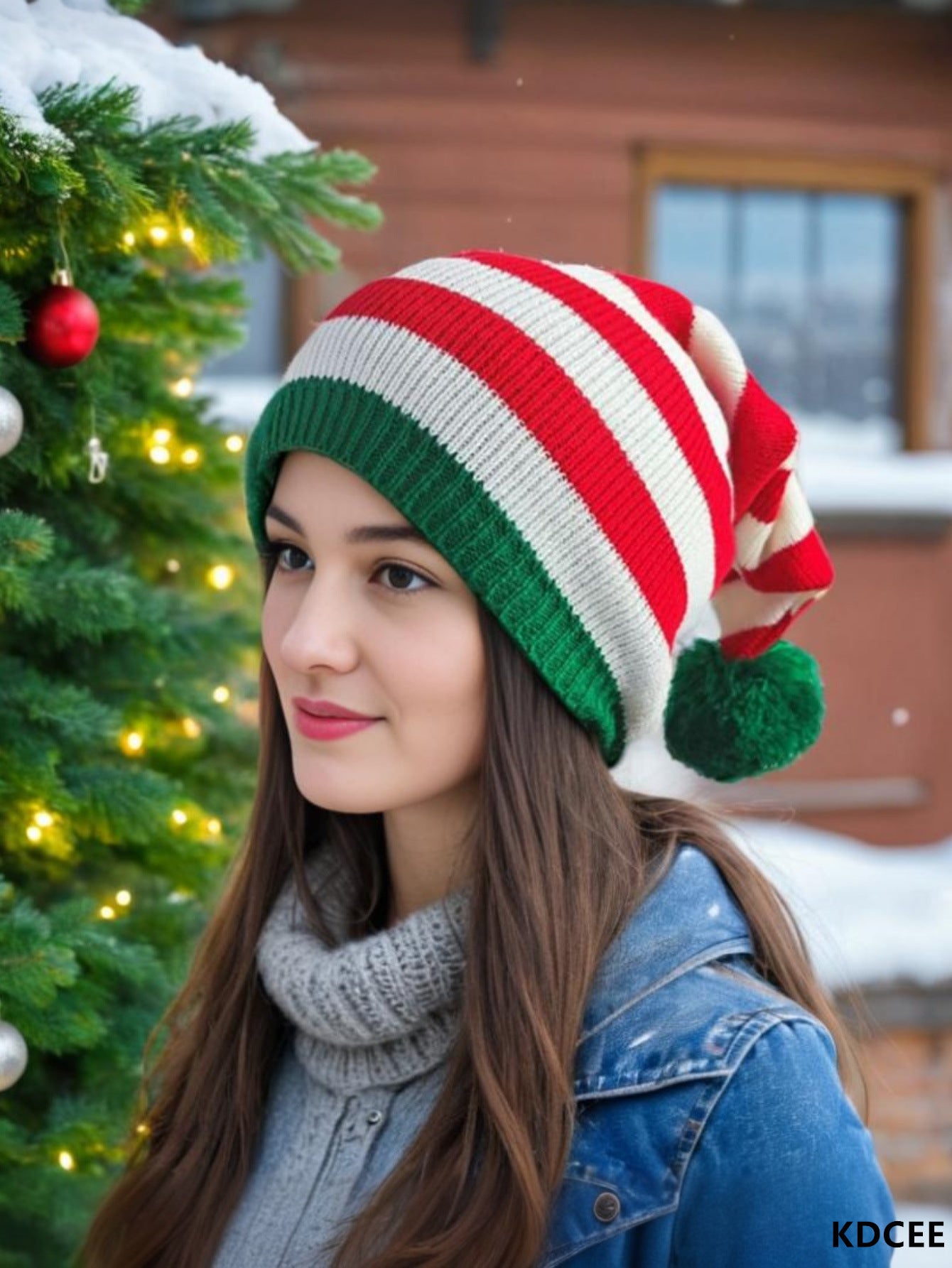Wholesale Christmas Knitted  Winter Striped Pom-Pom Holiday Wool Hat