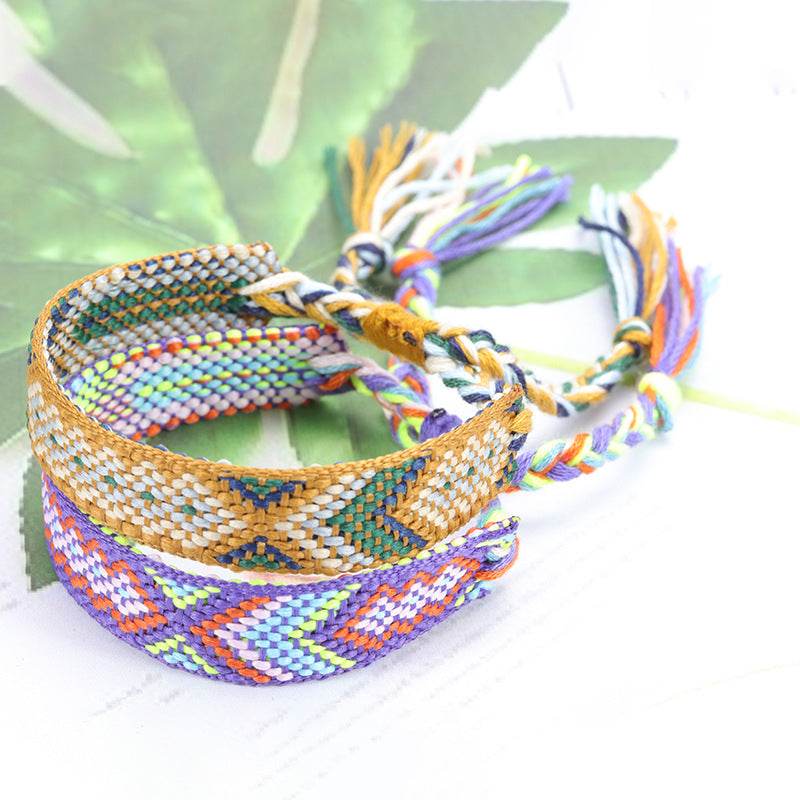 Morgada étnica al por mayor colorida Tassel Lucky Friendship Polyéster Algodón brazalete de algodón