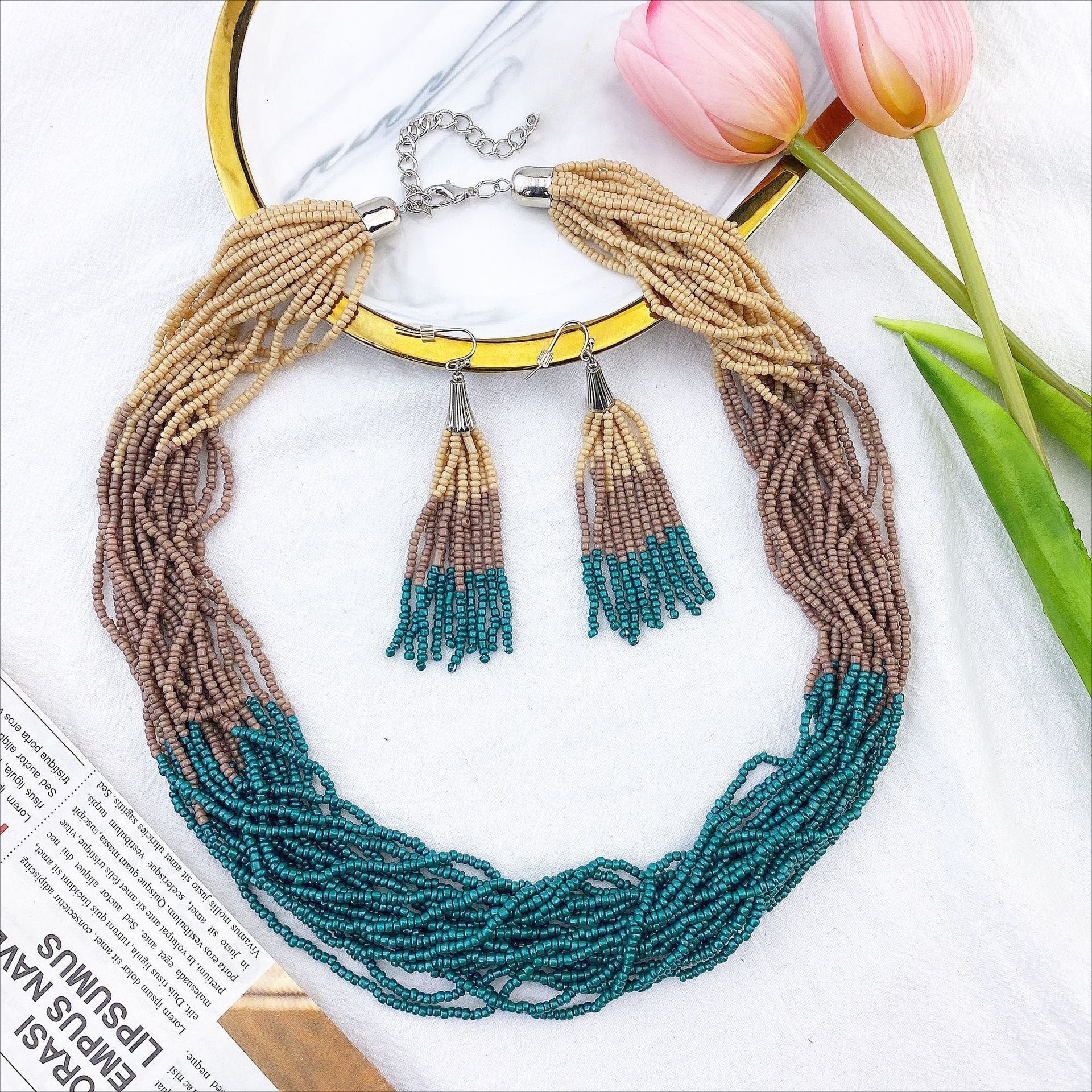 Wholesale Fashion Multi-layer Mixed Color Rice Bead Tassel Earrings Necklace