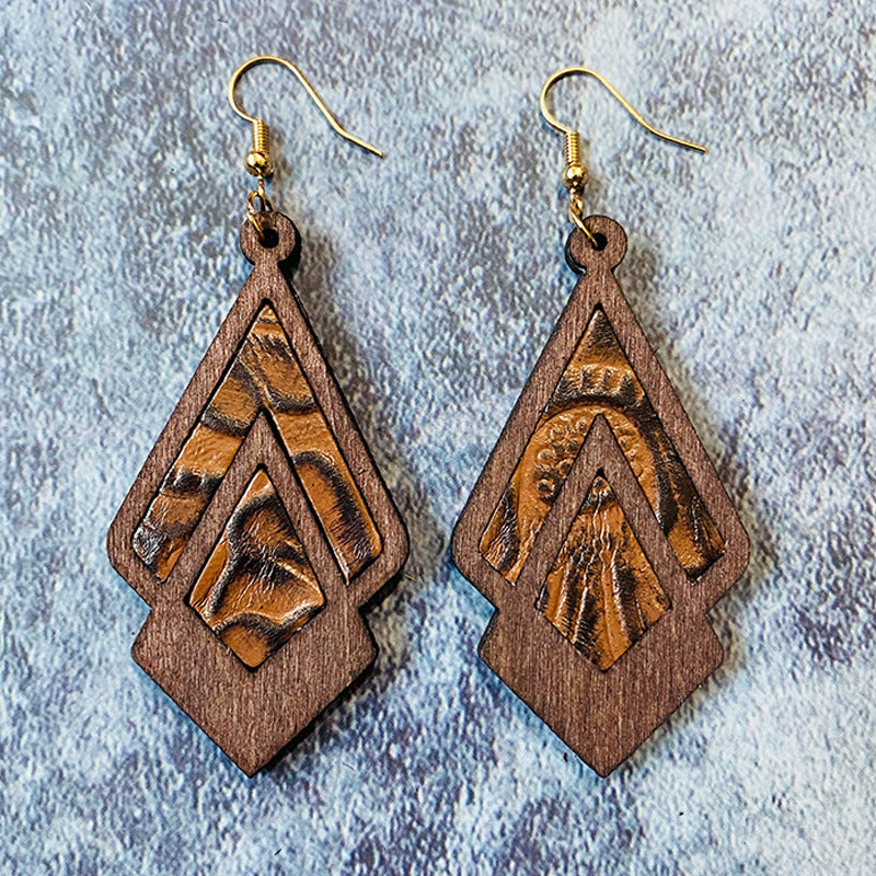 Wholesale Retro Genuine Leather Western Cowhide Embossed Inlaid Wood Geometric Hollow Earrings