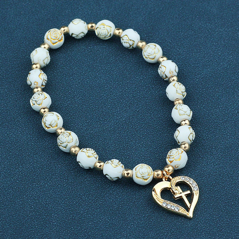 Wholesale Rose Beaded Heart Cross Couple Bracelet