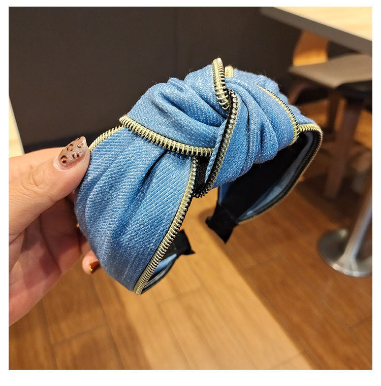 Wholesale Denim Wide Brim Fabric Zipper Headband