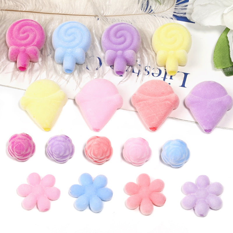 Wholesale 50pcs Plush Ice Cream Lollipop Acrylic Flower Straight Hole DIY Beads