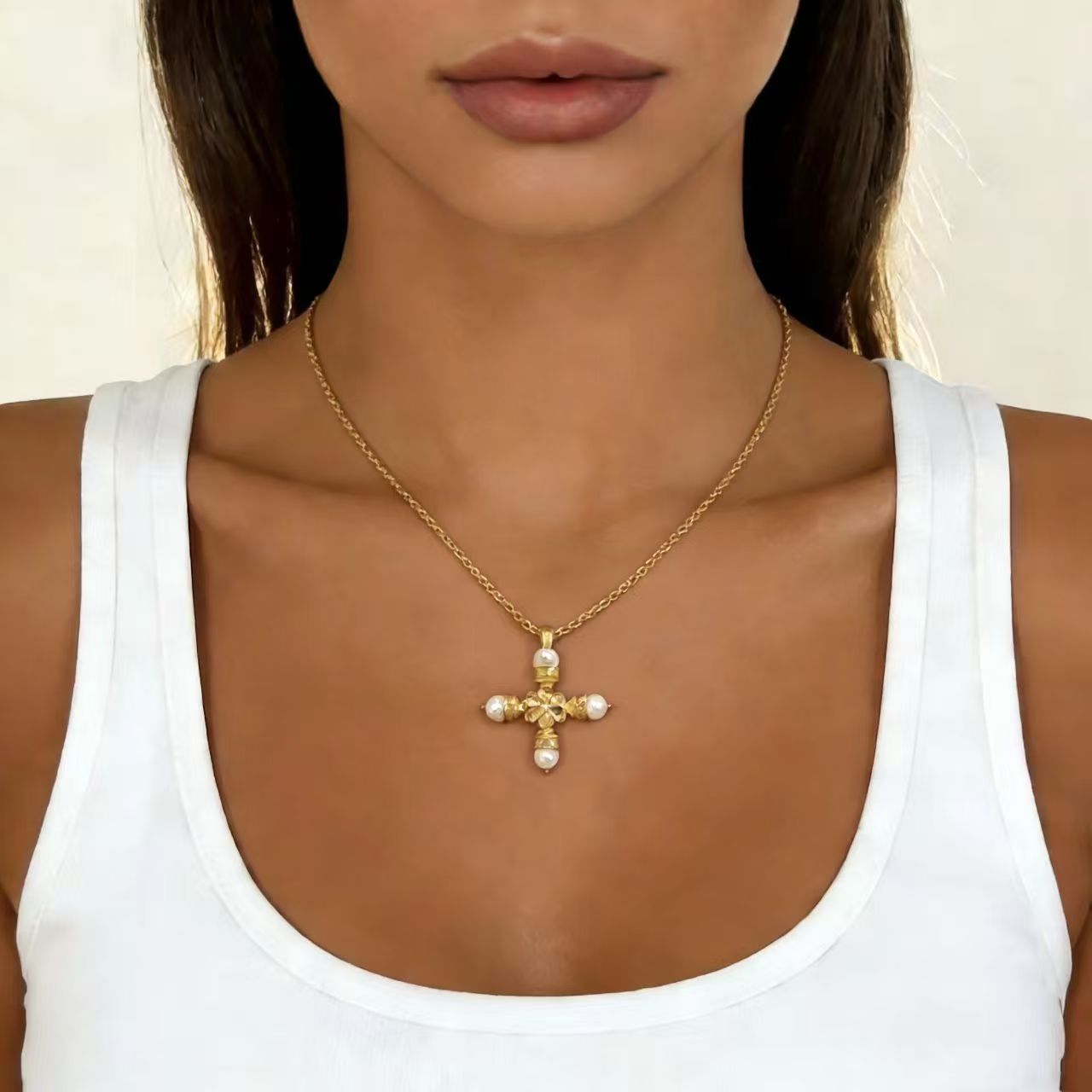 Wholesale Maillard style cross pearl tassel long necklace