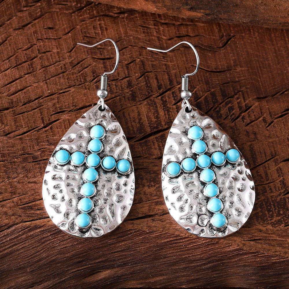 Wholesale Vintage Bohemian Geometric Drop-Shaped Turquoise Cross Pendant Earrings