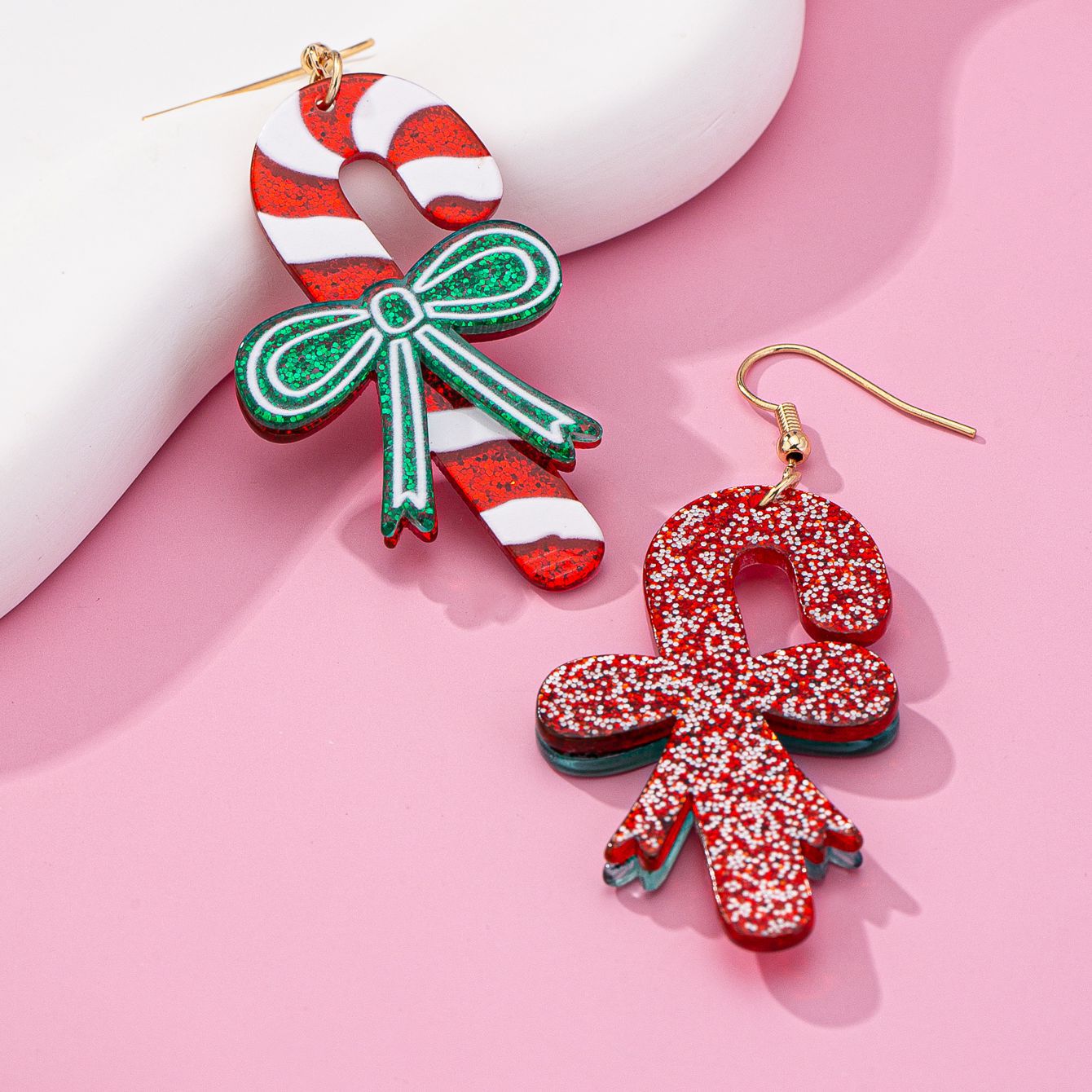 Wholesale Christmas Earrings Crutch Bow Printed Earrings