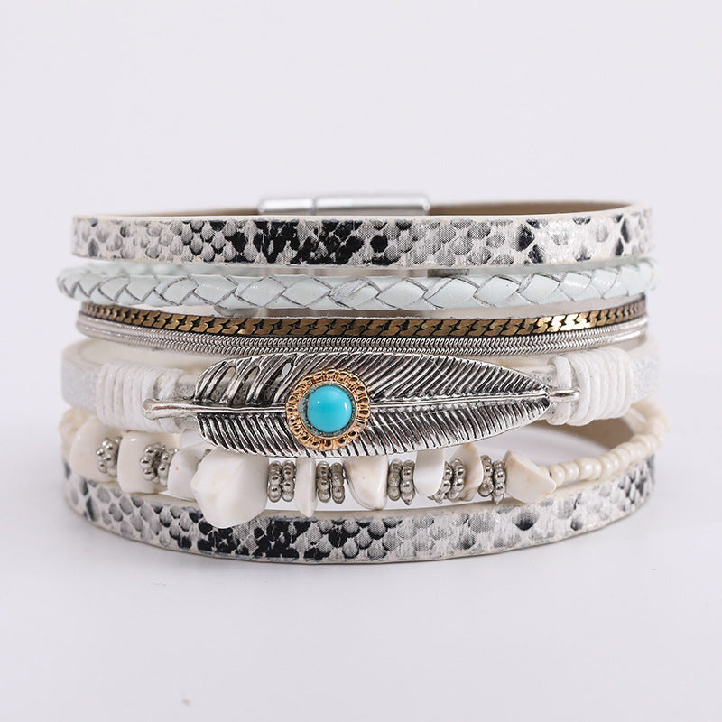 Wholesale Bohemian Feather Leather Turquoise Magnet Clasp Bracelet