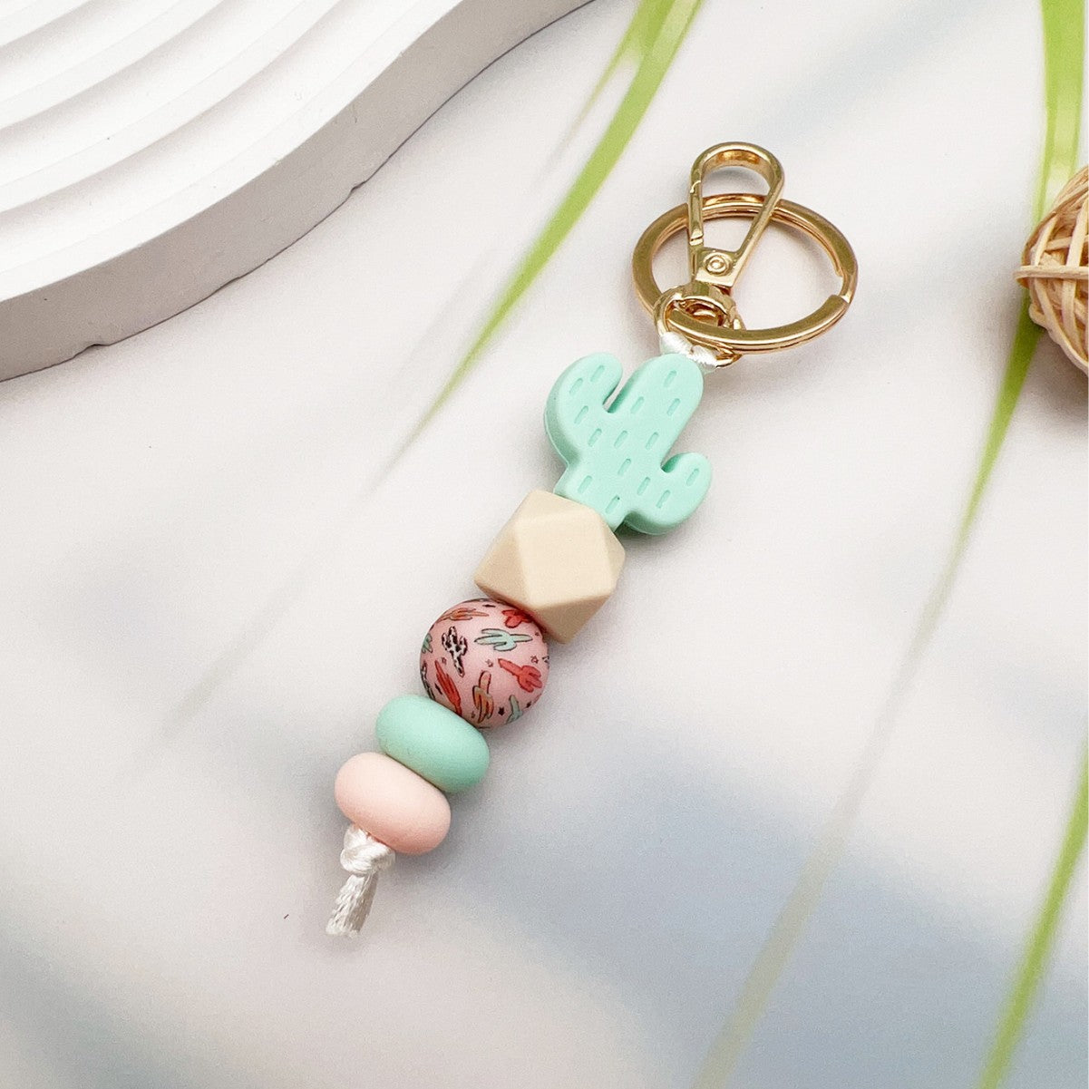 Wholesale Silicone Cactus Printed Silicone Beads Beaded Keychain Bag Key