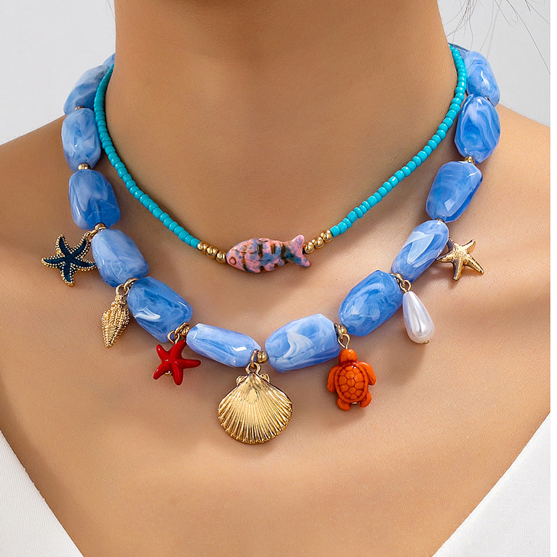 Wholesale Electroplated Alloy Ocean Vacation Style Beaded Necklace Starfish Shell Pendant Women Fashion Jewelry Gift