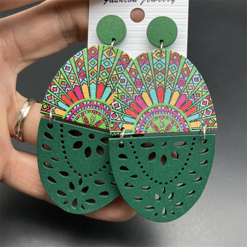 Wholesale Retro Exaggerated Wood Print Hollow Earrings