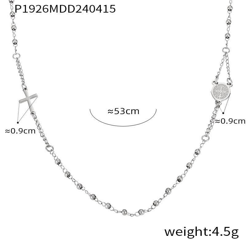 Wholesale Embossed Figure Round Tassel Cross Pendant Titanium Steel Necklace