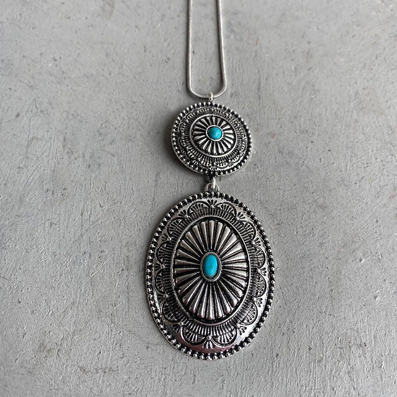 Wholesale Vintage Bohemian Turquoise Pumpkin Flower Metal Long Necklace