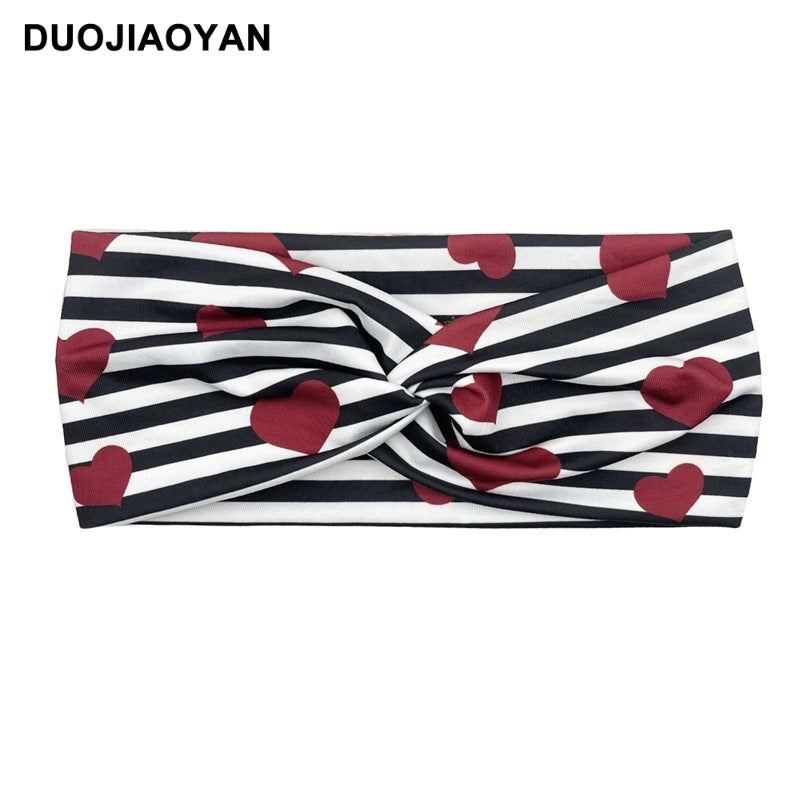 Wholesale Valentine's Day Printed Heart Elastic Cross Hairband