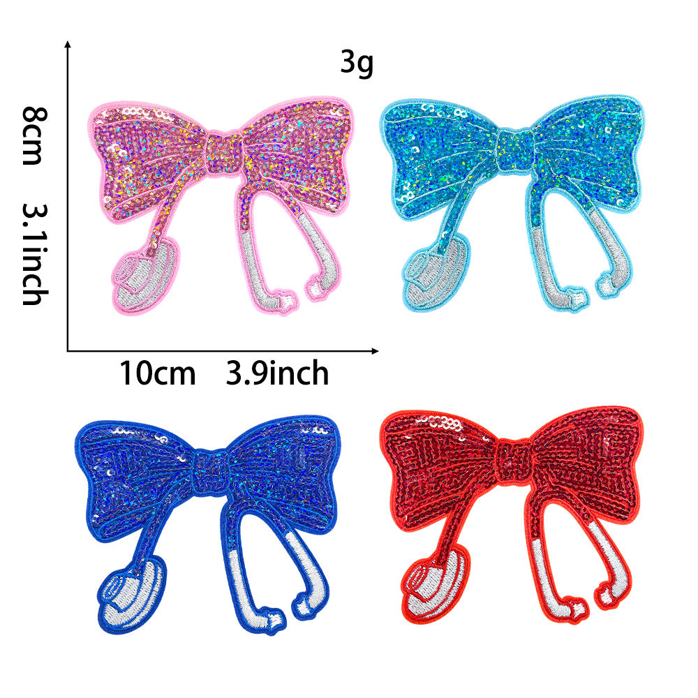 Wholesale Red Embroidered Bow Sequins Patch Nurse Stethoscope Decorative Applique Hot Melt Iron On For Coats Fashion Accessory
