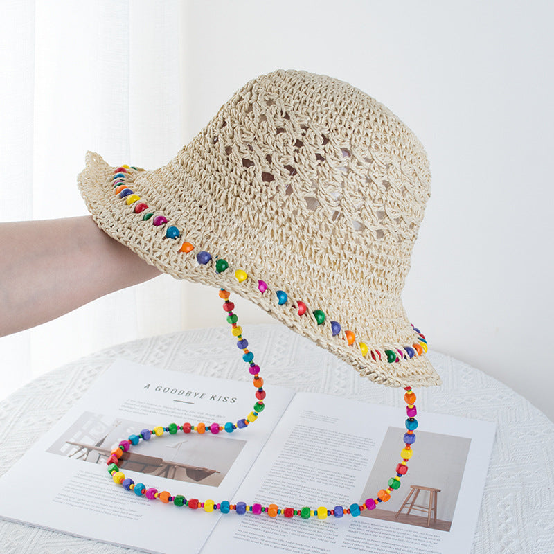 Wholesale Colorful wooden bead straw foldable beach sun protection bucket hat