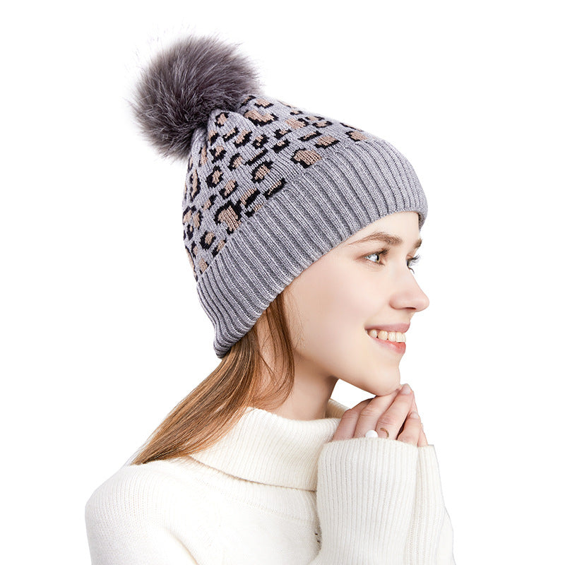 Wholesale Autumn and Winter Knitted Hat Leopard Print Wool Ball Beanie