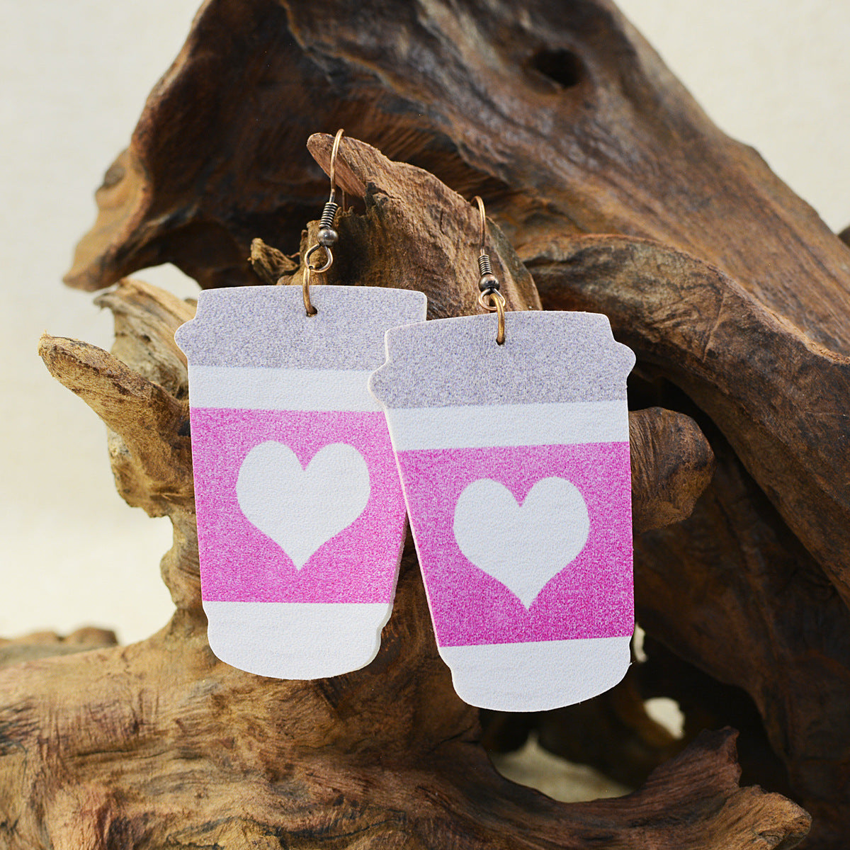 Wholesale Valentine's Day Coffee Cup Milk Tea Cup LOVE Flower Zebra Pattern Leather Earrings