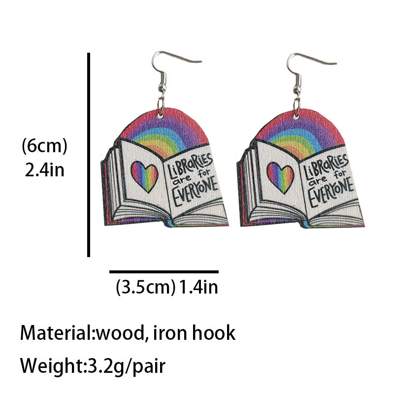 Wholesale 2 Pairs/Pack Book Rainbow Heart Wood Earrings