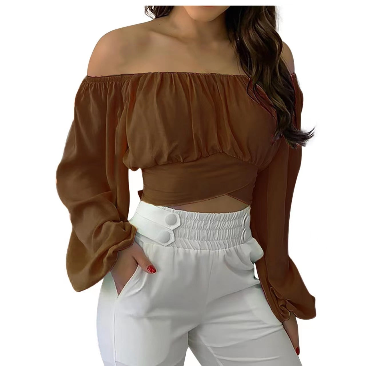 Wholesale Off-the-shoulder Cross-Strap Long-Sleeved Top