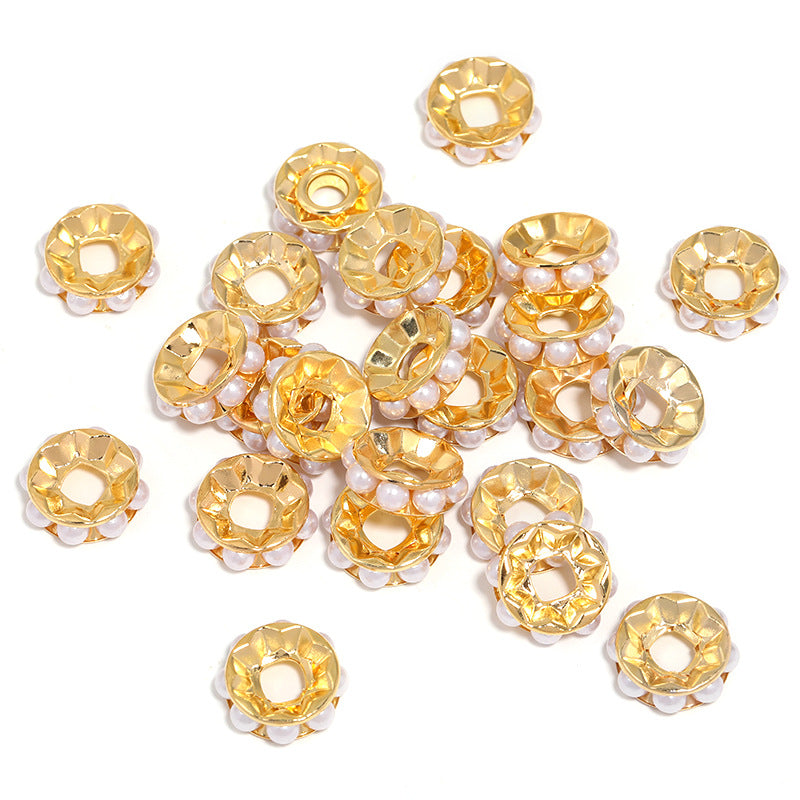 Wholesale 100pcs 17mm Pearl Round Straight Edge Diamond Ring Metal Spacer Beads Spacer
