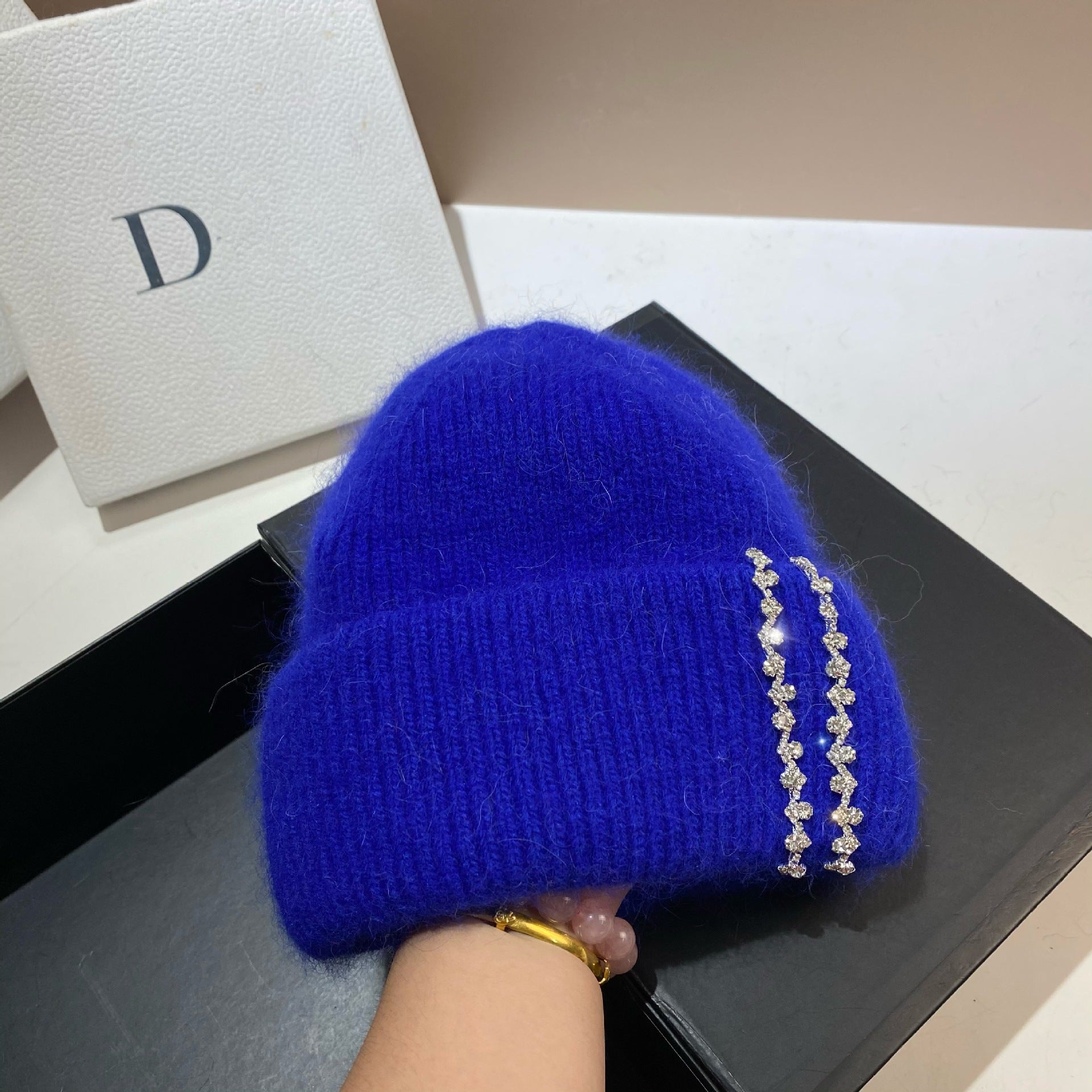 Wholesale Long Rabbit Fur Bi-fold Knitted Rhinestone Beanie