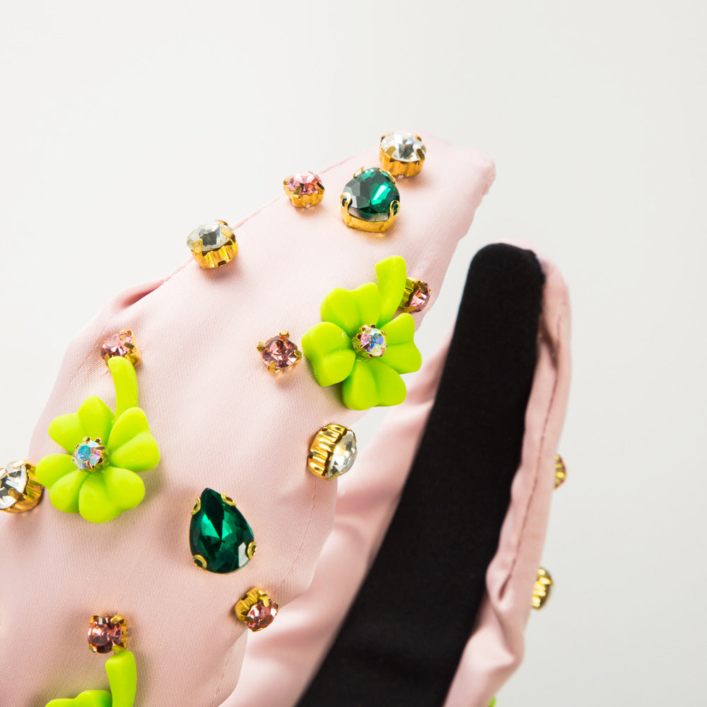 Wholesale St. Patrick's Day Dopamine Fabric Hand-stitched Glass Diamond Flower Headband