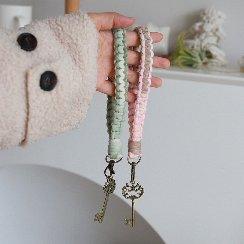 Wholesale Bohemian Gradient Color Braided Cotton Rope Wrist Strap Keychain