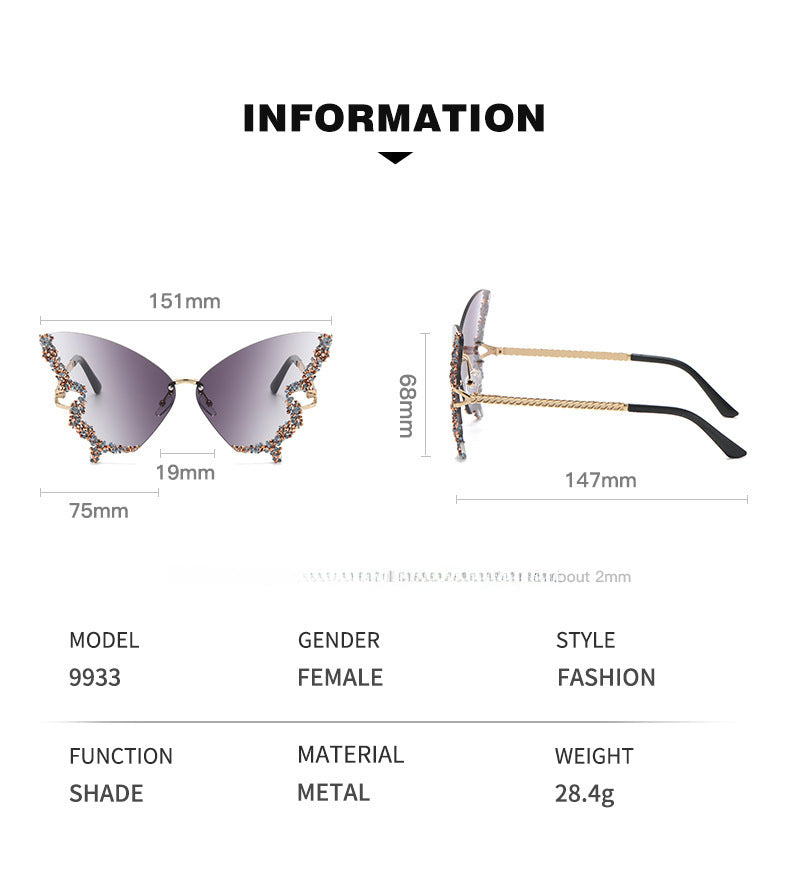 Wholesale Butterfly Shape Diamond Frameless Sunglasses