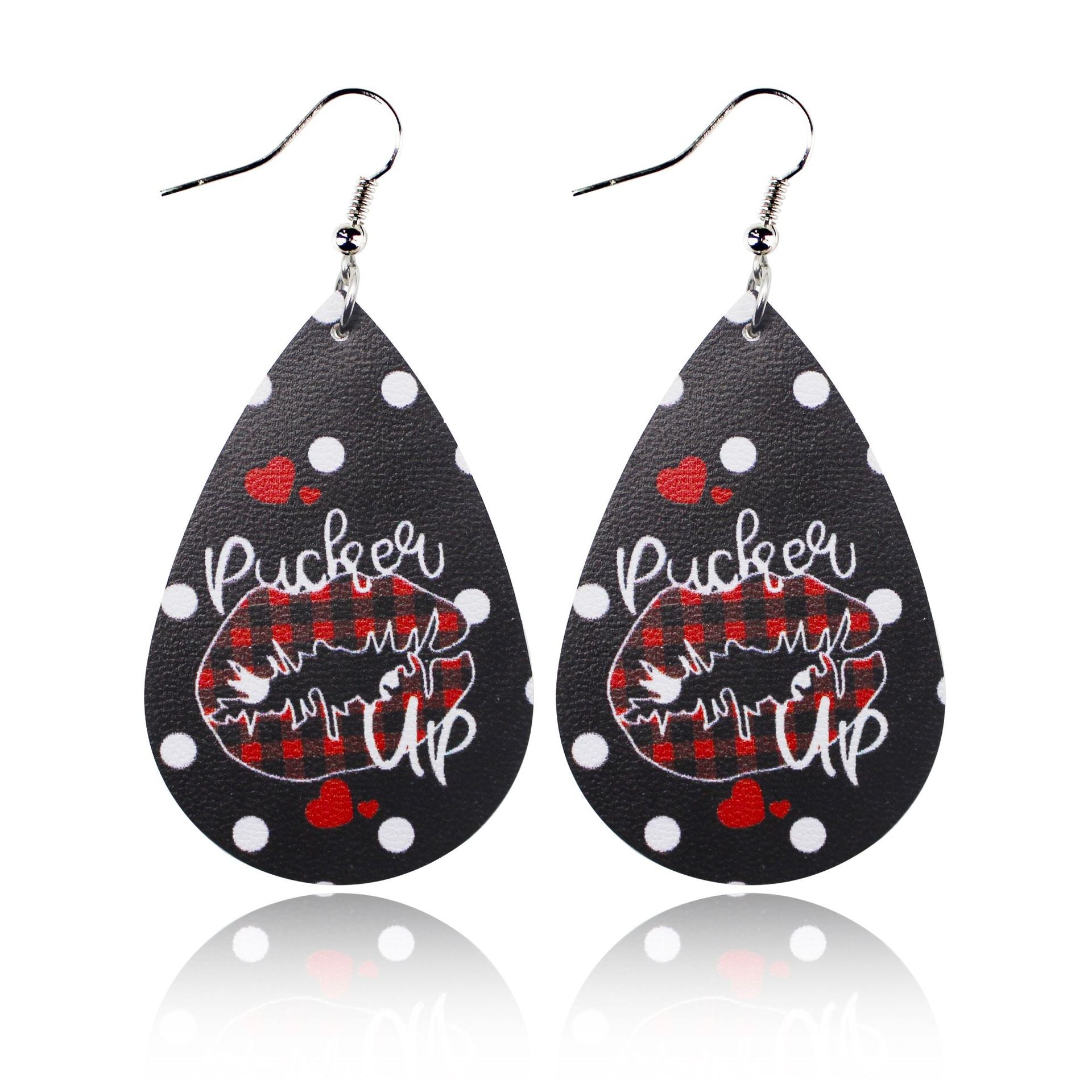 Wholesale Valentine's Day Love Romantic Polka Dot Stripe Printed Water Drop Leather Earrings