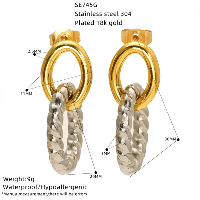 Wholesale Oval Color Matching Circle Earrings Gold and Silver Twist Chain Stainless Steel Earrings