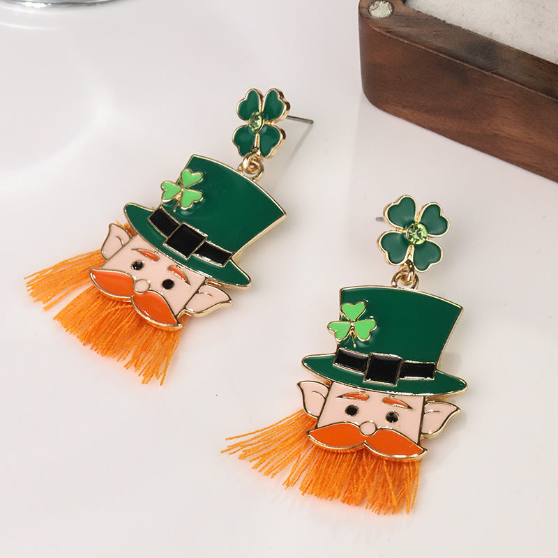 Wholesale St. Patrick's Carnival Four-leaf Clover Head Tassel Earrings Alloy Oil Drop Irish Hat Earrings