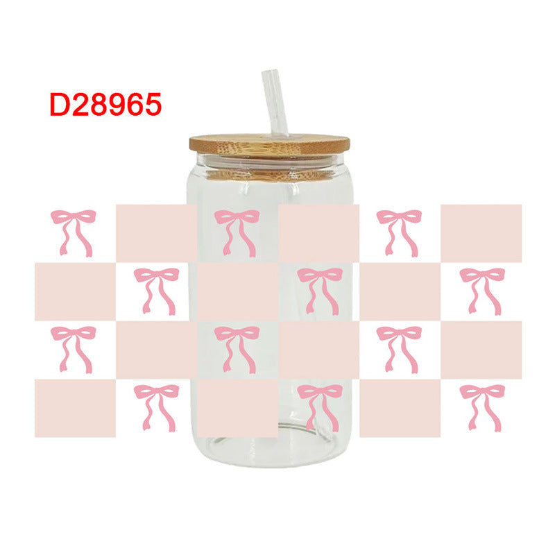 Wholesale Pink flower bow 16oz Cup UV DTF Wraps