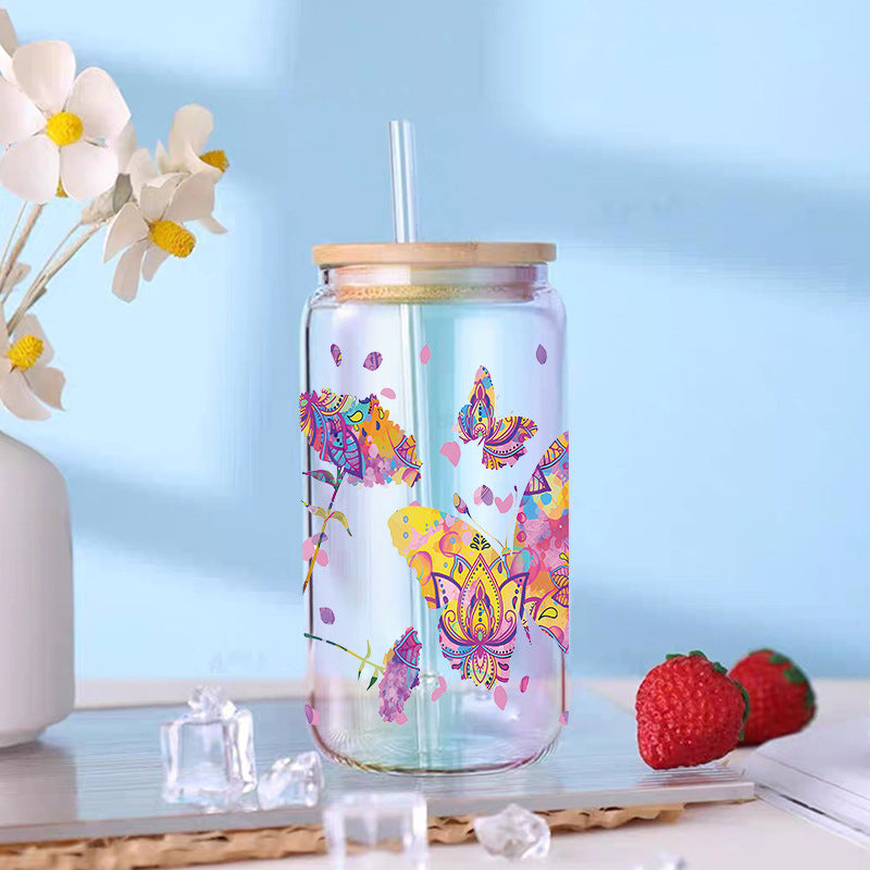 Wholesale Colorful Butterfly Flowers  16oz Cup UV DTF Wraps