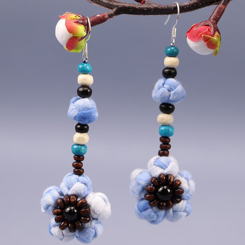 Wholesale Tie-dye blue dye earrings earrings ethnic style buckle flower blue earrings tie-dye earrings