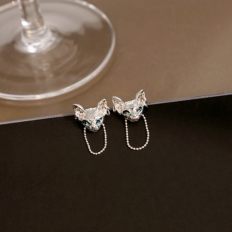 Wholesale Silver Stitch Cat Chain Tassel Alloy Earrings