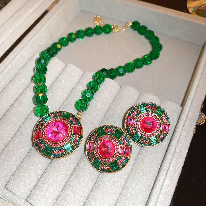 Wholesale Heavy Vintage Diamond Emerald Round Earrings Necklace Set