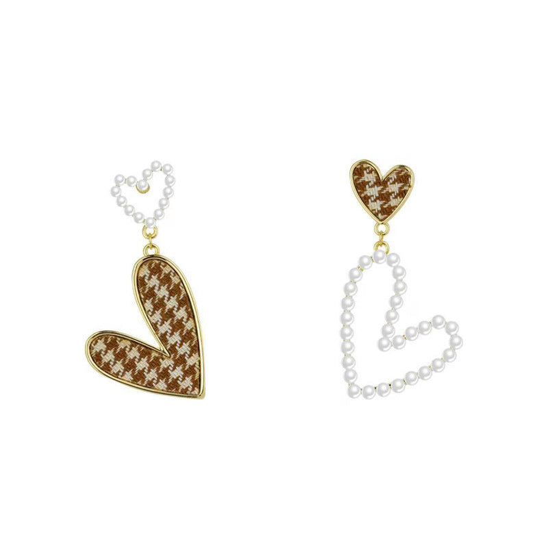 Wholesale Valentine's Day Houndstooth Fabric Pearl Love Earrings