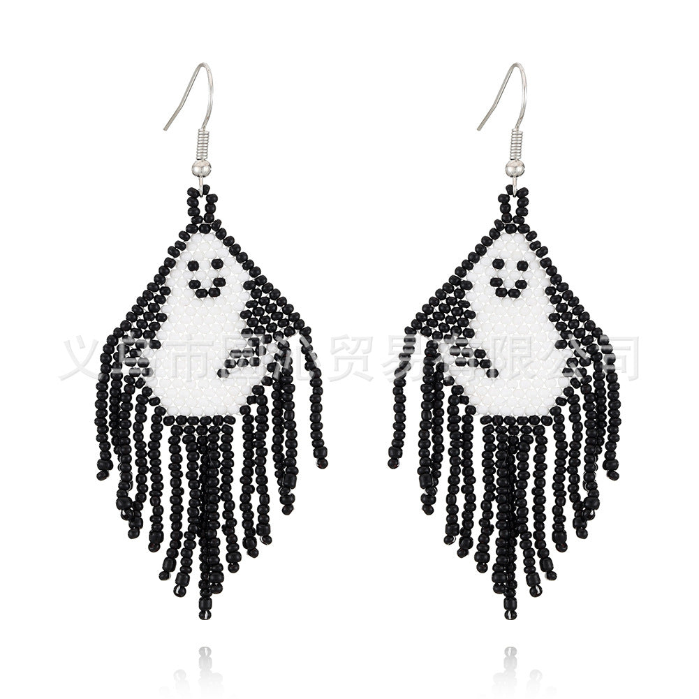 Wholesale Halloween Creative Skull Ghost Handmade Rice Bead Tassel Earrings