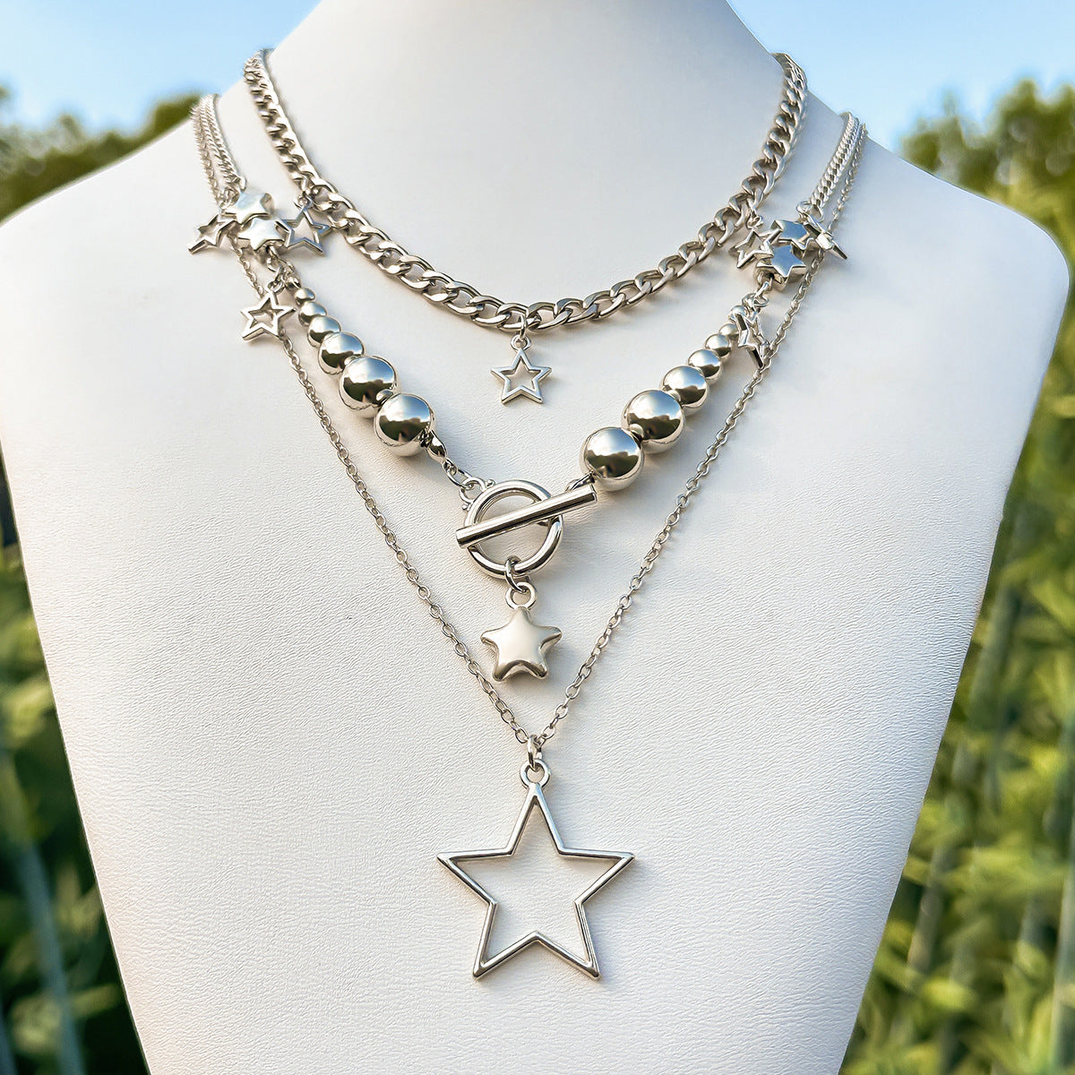 Wholesale Round Bead Metal Chain Star Pendant Necklace Set