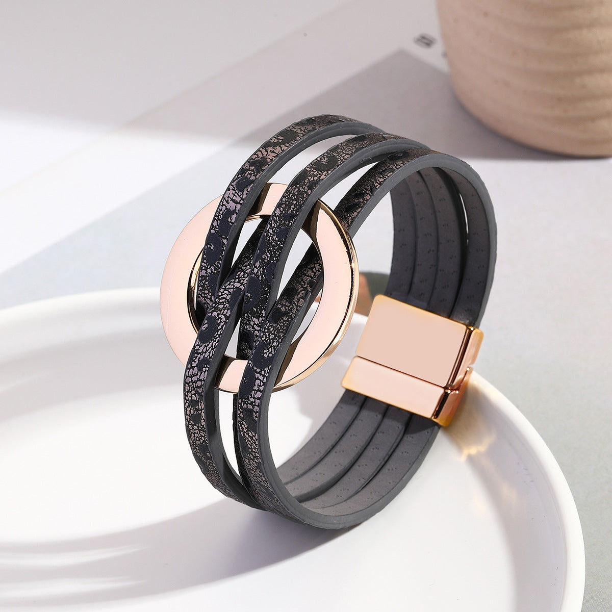 Wholesale Metal Leather Cross Women's Large Hoop Cuff Multi-layer Wristband Magnetic Clasp Bracelet