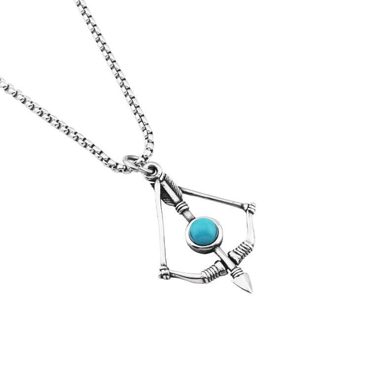 Wholesale Titanium Steel Turquoise Bow And Arrow Pendant Necklace Unisex Hip Hop Fashion Jewelry Gift