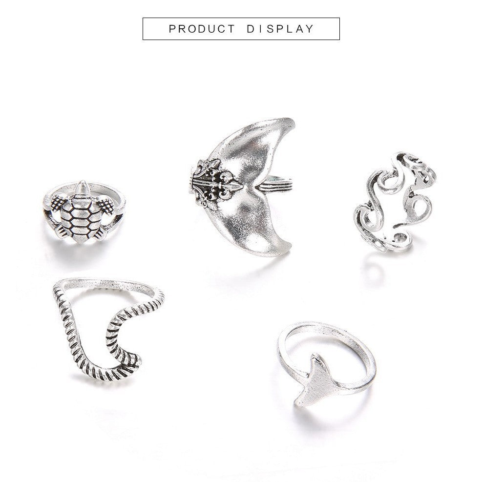 Wholesale Bohemian style geometric turtle tail rings set