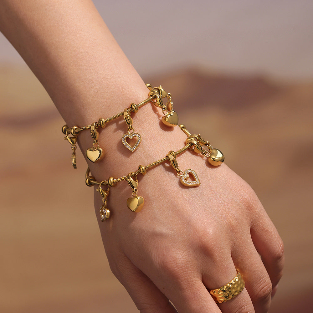 Wholesale 18K real gold stainless steel round bead heart shining zircon bracelet