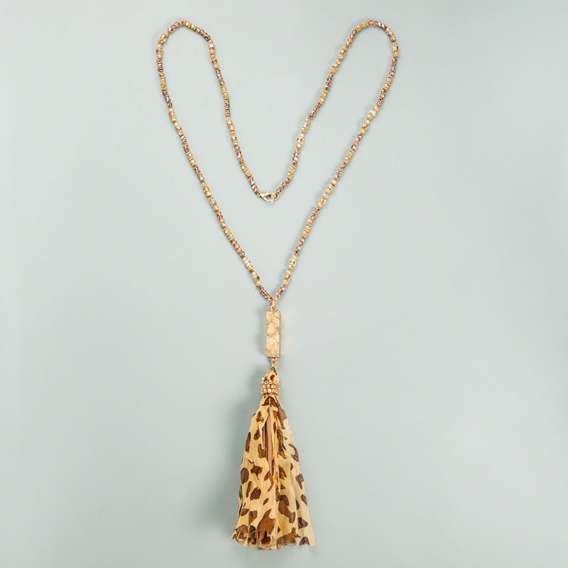 Wholesale Crystal Beaded Alloy Inlaid Natural Stone Leopard Print Tassel Sweater Chain