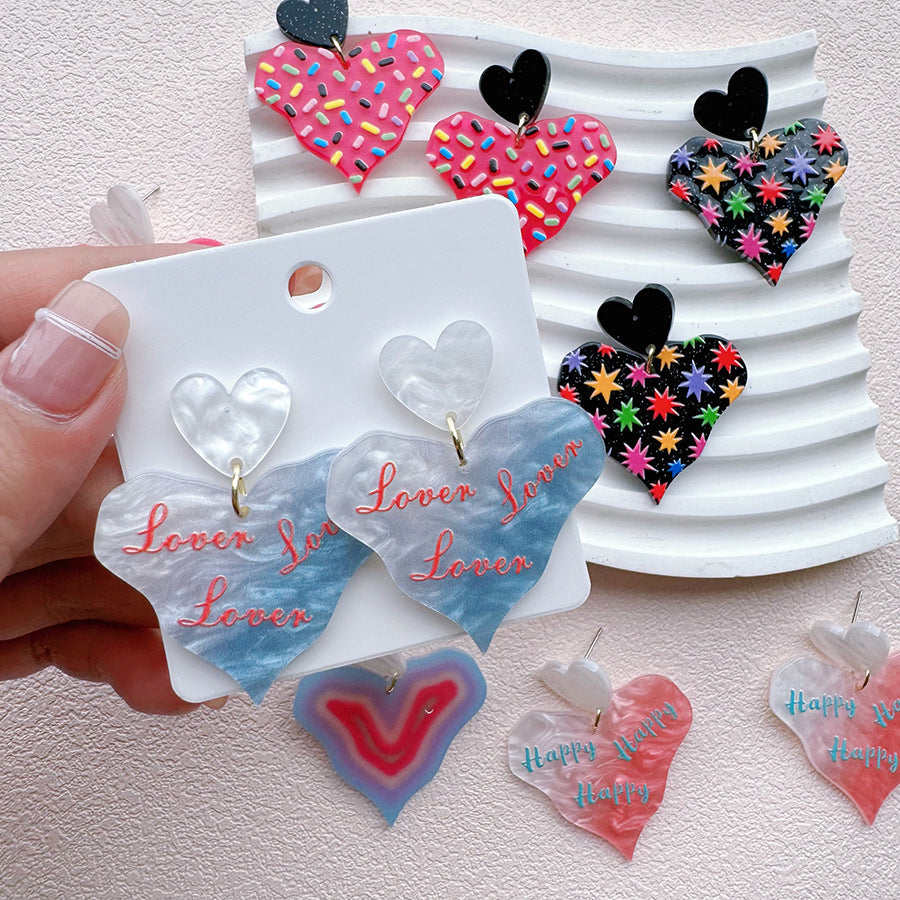 Wholesale Colorful printed heart-shaped gradient acrylic earrings