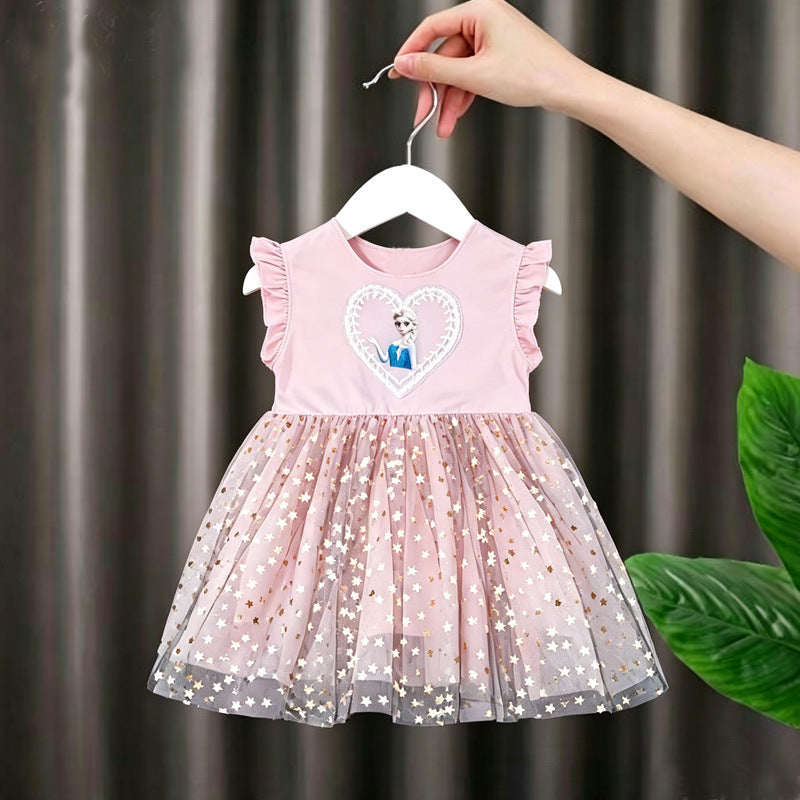 Wholesale Korean Style Girls Princess Dress 2026 Spring Summer Short Sleeve Pink Star Tulle Party Dress Polyester Kids 3 8 Years Boutique Resale OLY Exclusive