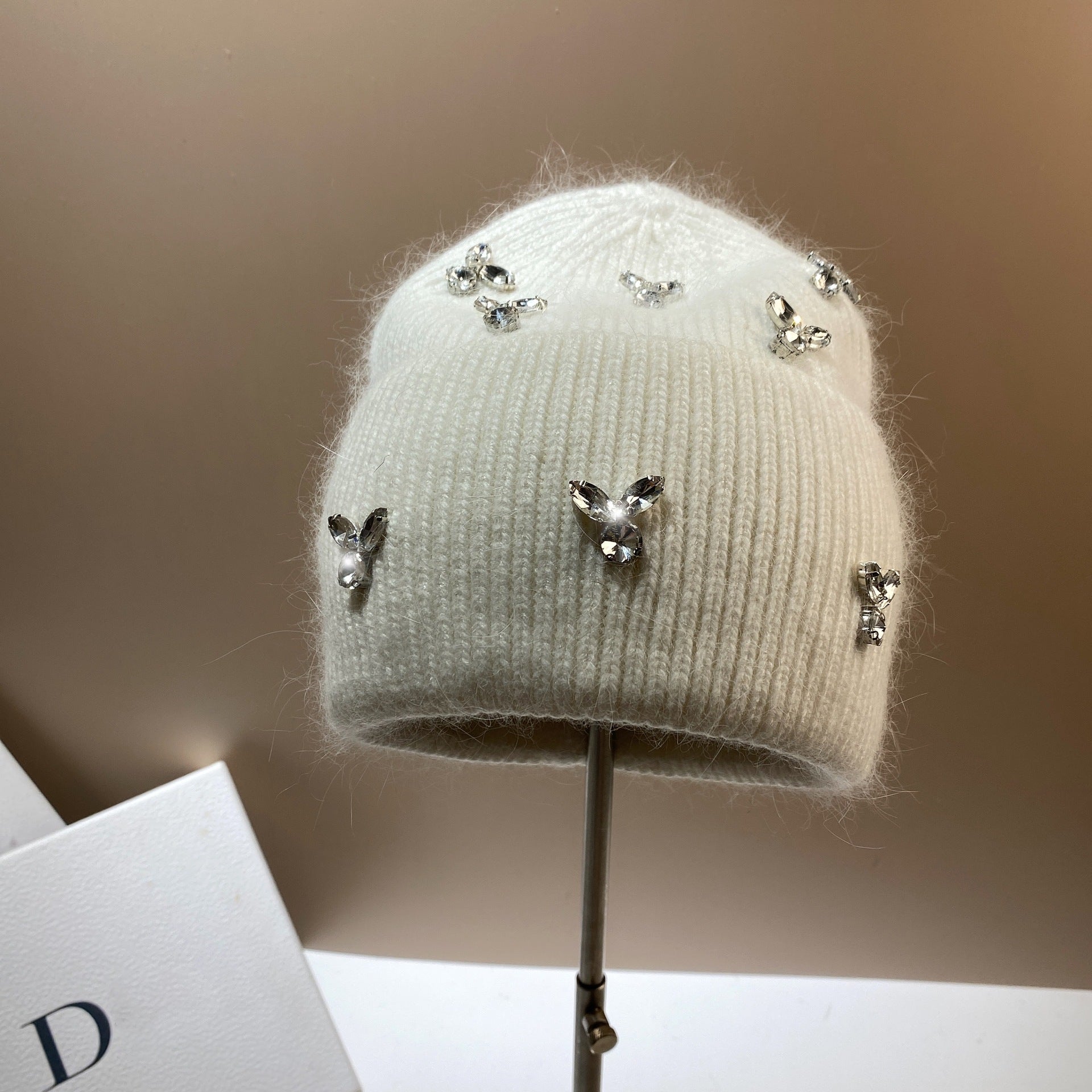 Wholesale Fashion Warm Rhinestone Rabbit Fur Double Folding Knitted Hat