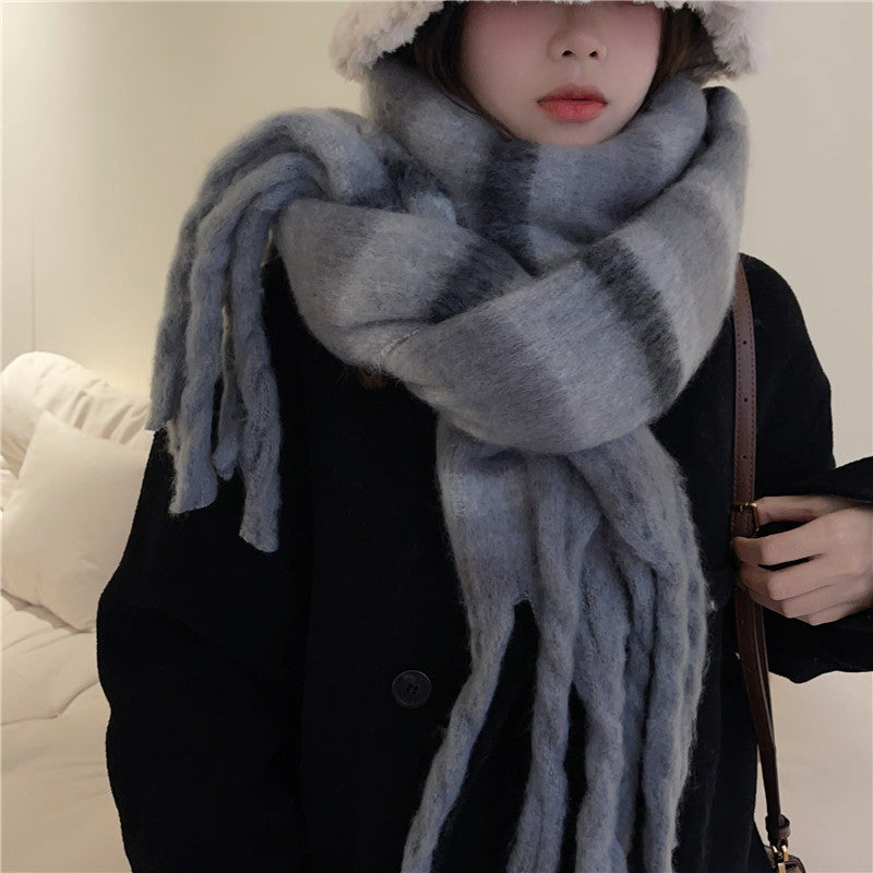 Wholesale Thick Color Striped Tassel Plush Scarf
